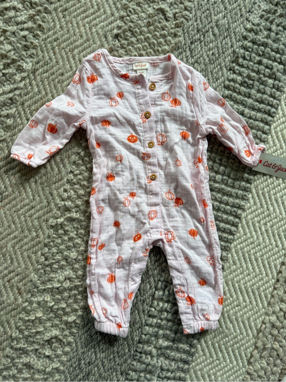 Cat & jack 3-6 months Pink Muslin One-Piece with Orange Pumpkin Print nwt
